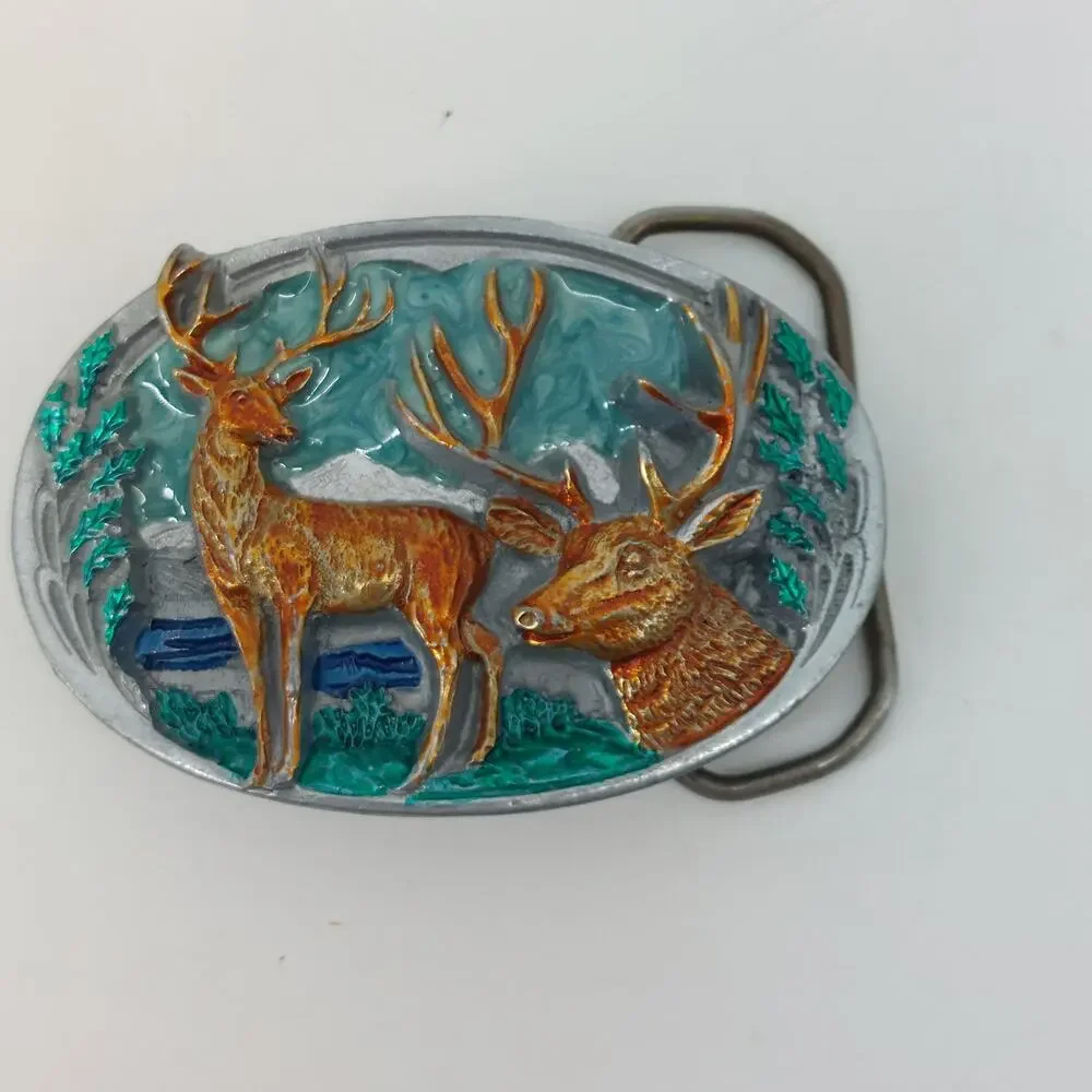 Vtg Hunting Dress Belt Buckle Buck Deer Stag Hunter Mountain